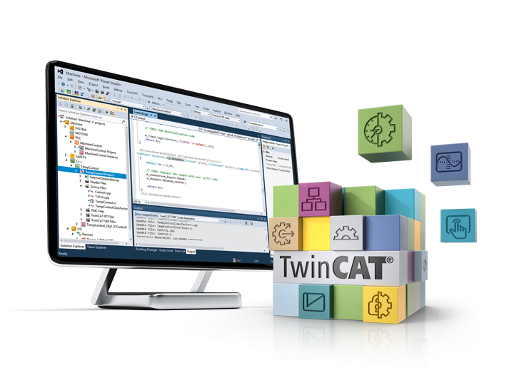 Bildschirm mit TwinCAT-Software und farbigen Programmierblöcken in verschiedenen Anordnungen.